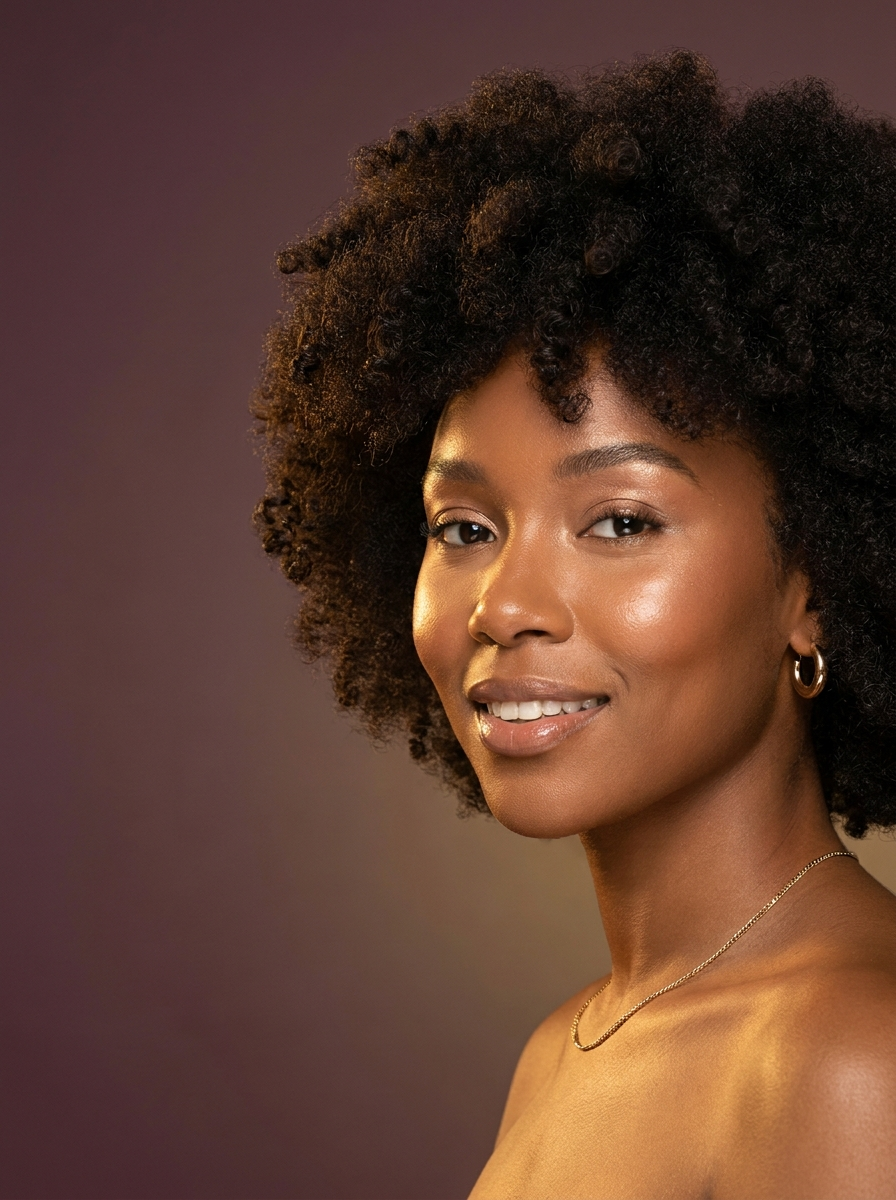 Radiant melanin-rich woman with natural hair and glowing skin